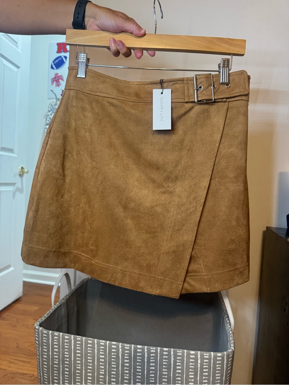 Sugarlips Tan Faux-Suede Wrap Mini Skirt with Buckle